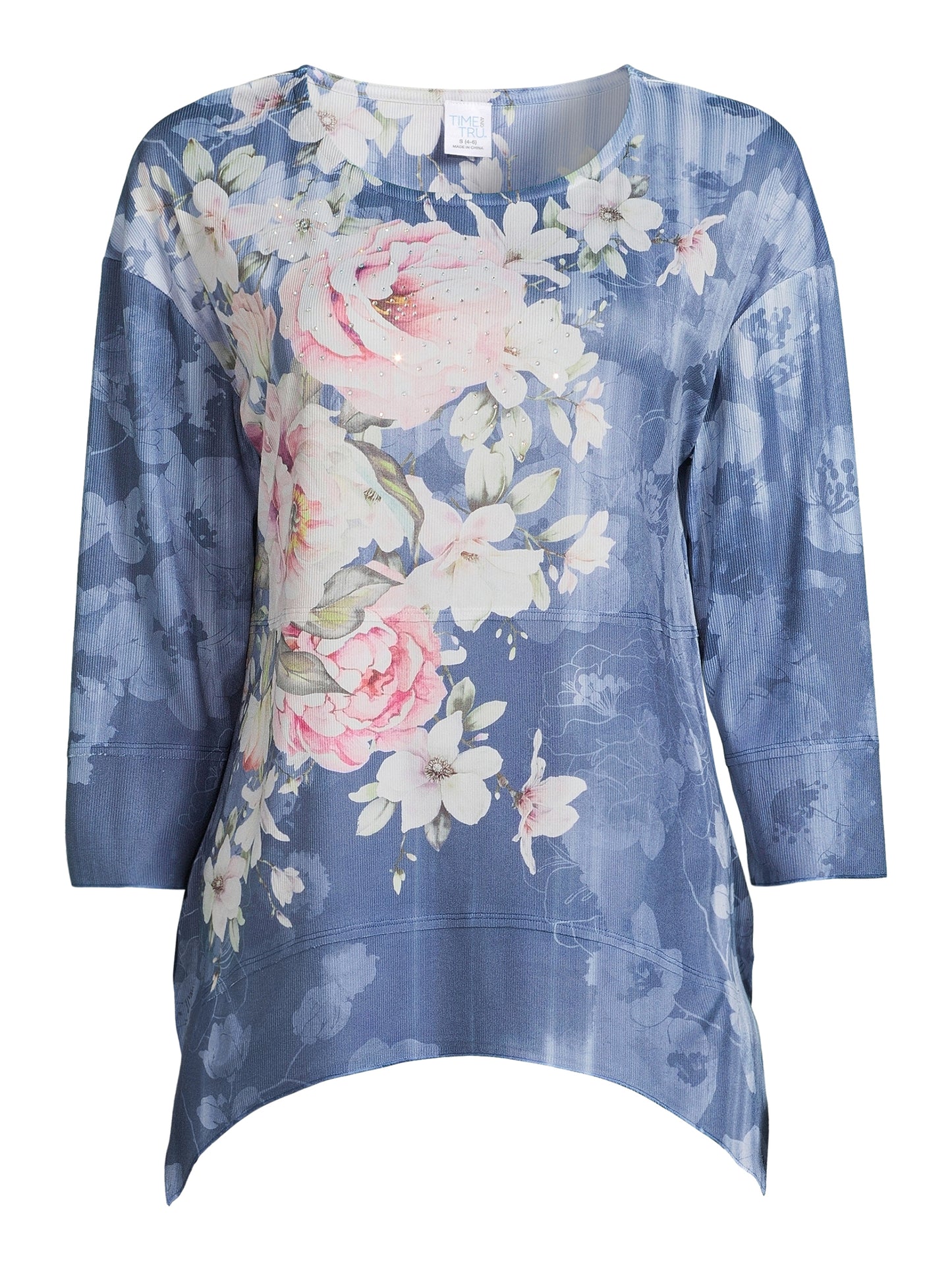 Time and Tru Womens Handkerchief Hem Sublimation Top