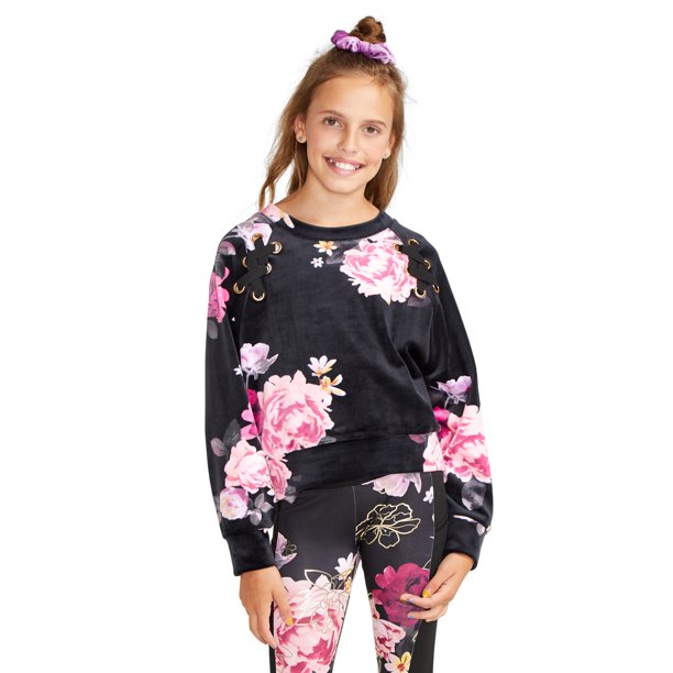 Justice Girl Sport Velour Lace-Up Crewneck Pullover Sweatshirt