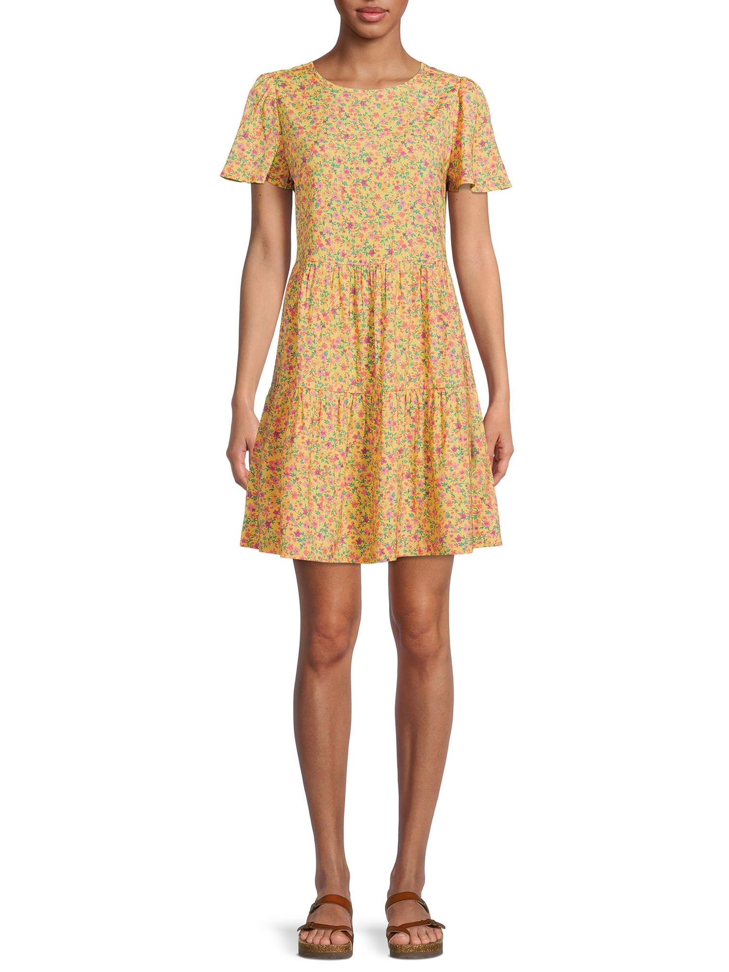 Time and Tru Womens Short Sleeve Printed Woven Mini Dress