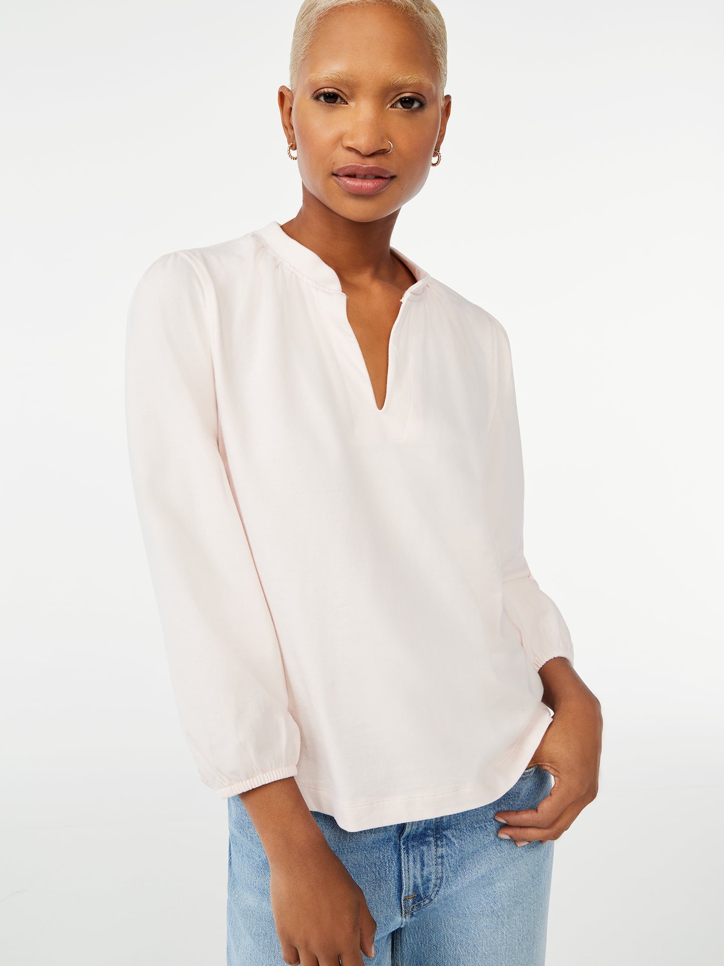 Free Assembly Womens Split Neck Top with Blouson Sleeves