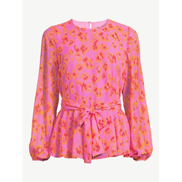 Scoop Womens Long Sleeve Crew Neck Blouse with Tie at Waist