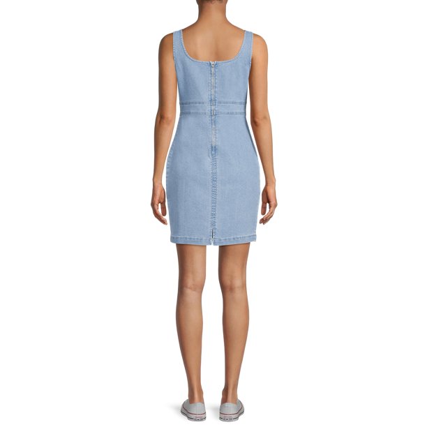 No Boundaries Junior's Bodycon Pinafore Casual Dress Zip Back Denim
