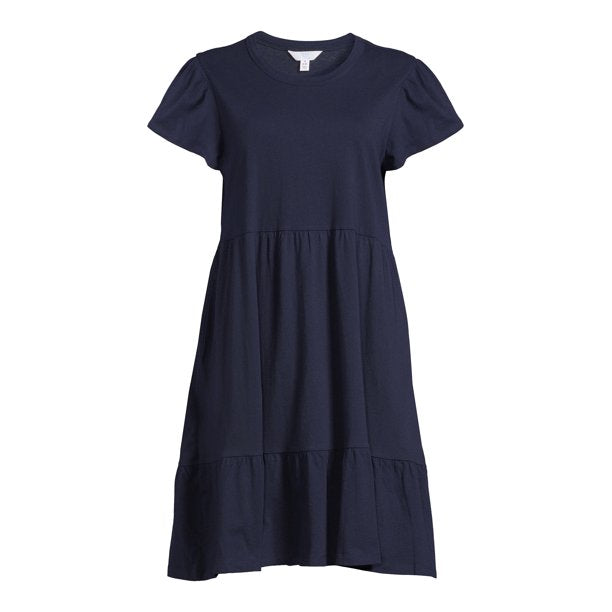 Time and Tru Womens Short Sleeve Tiered Knit Dress( with Pockets)