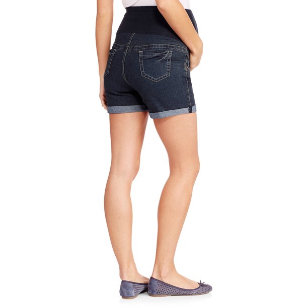 Oh! Mamma Womens Maternity Double Rolled Cuff Denim Shorts with Full Panel