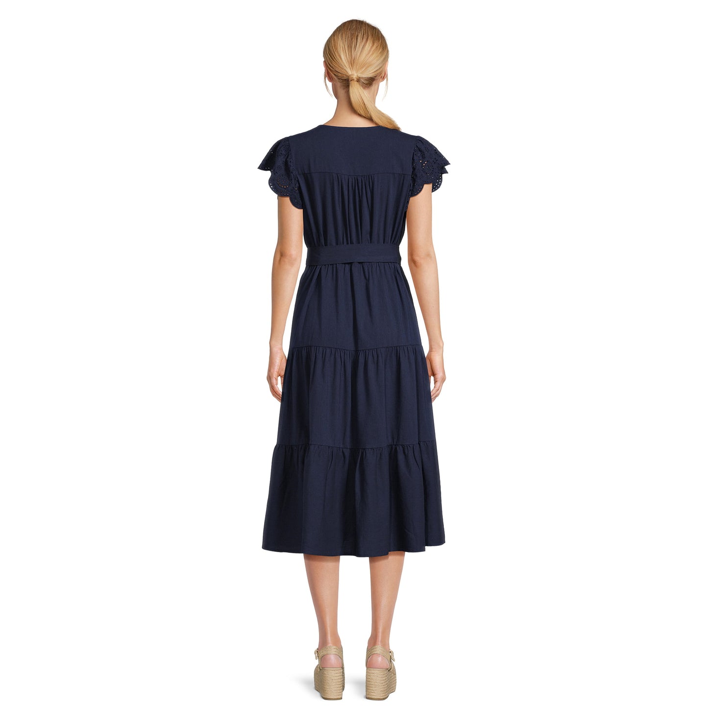 Time and Tru Womens Tiered Midi Dress with Eyelet Sleeves