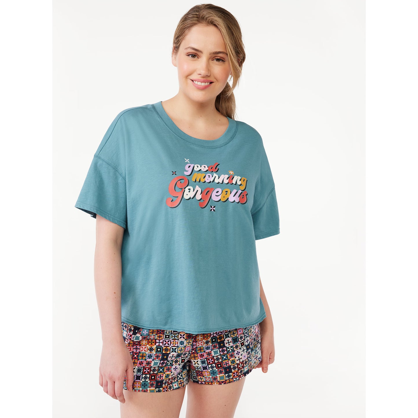 Joyspun Womens Graphic T-Shirt and Boxer Shorts Pajama Set, 2-Piece