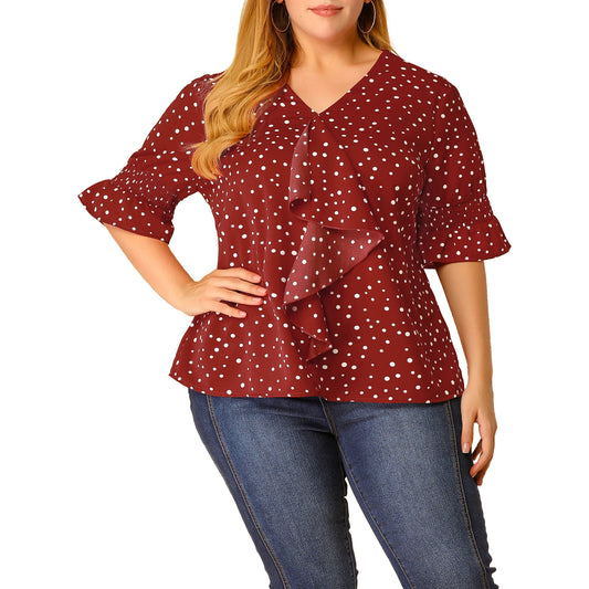 Agnes Orinda Women's Plus Size Ruffle Blouse V Neck Smocked Sleeves Tops 