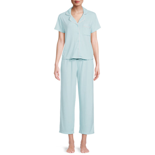 Be Yourself Women's and Women's Plus Notch Collar Top and Capri Sleep Pants, 2-Piece Set