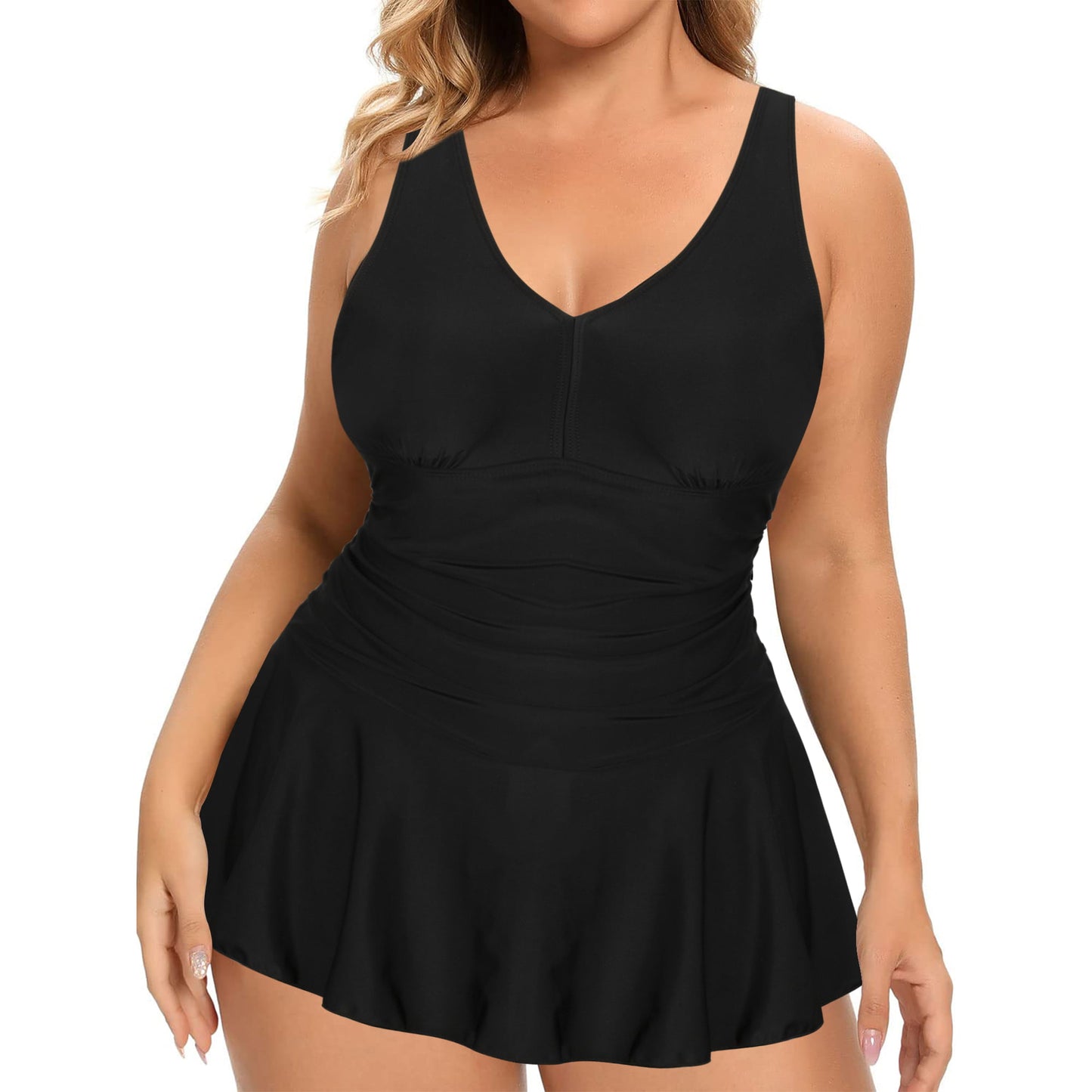 Chama Women's Plus Size Cute Swimdress Bathing Suits V Neck Ruched One Piece Swimsuits