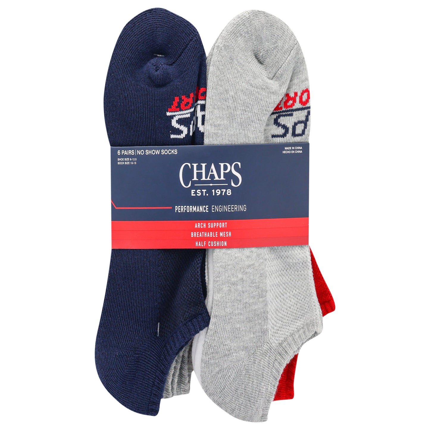 Chaps, Adult Mens, 6-Pack Sports Performance No Show Socks