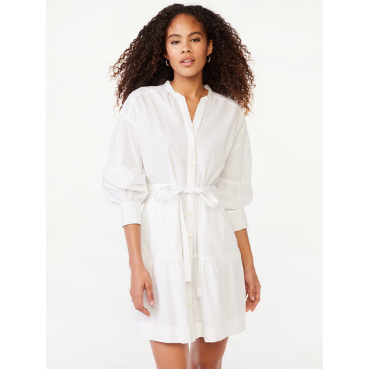 Free Assembly Women's Tiered Mini Shirt Dress with Long Sleeve