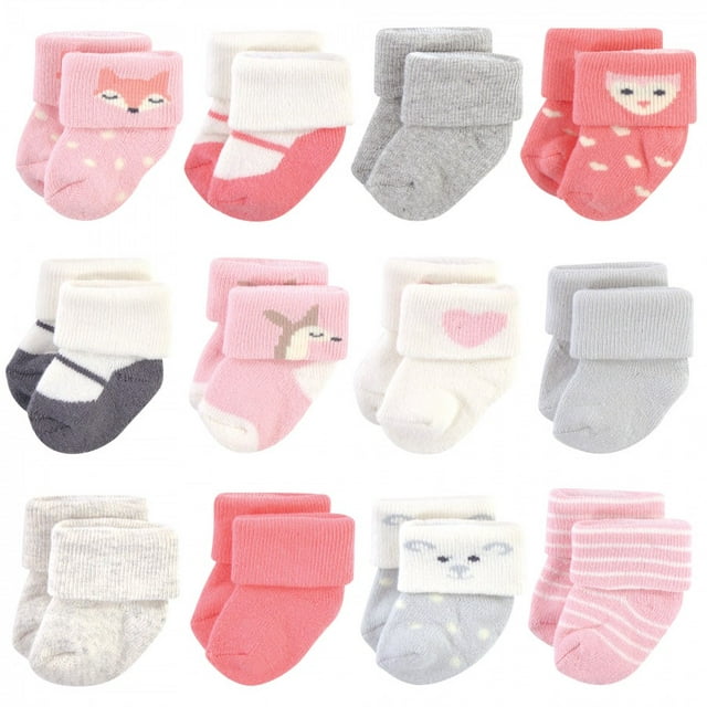 Hudson Baby Infant Girl Cotton Rich Newborn and Terry Socks, Girl Woodland, 0-3 Months