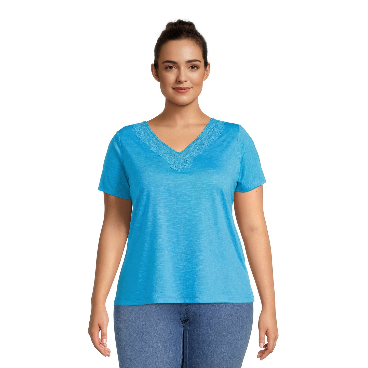 RealSize Women's Plus Lace V-Neck Tee with Short Sleeves