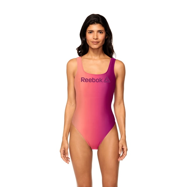 Reebok Womens Scoop Back Logo One Piece Swimsuit, UPF 50+,