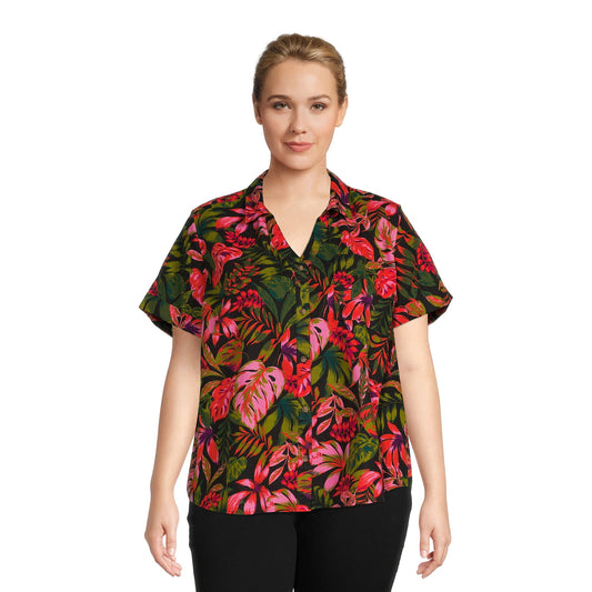 Terra & Sky Womens Plus Size Button-Down Camp Shirt