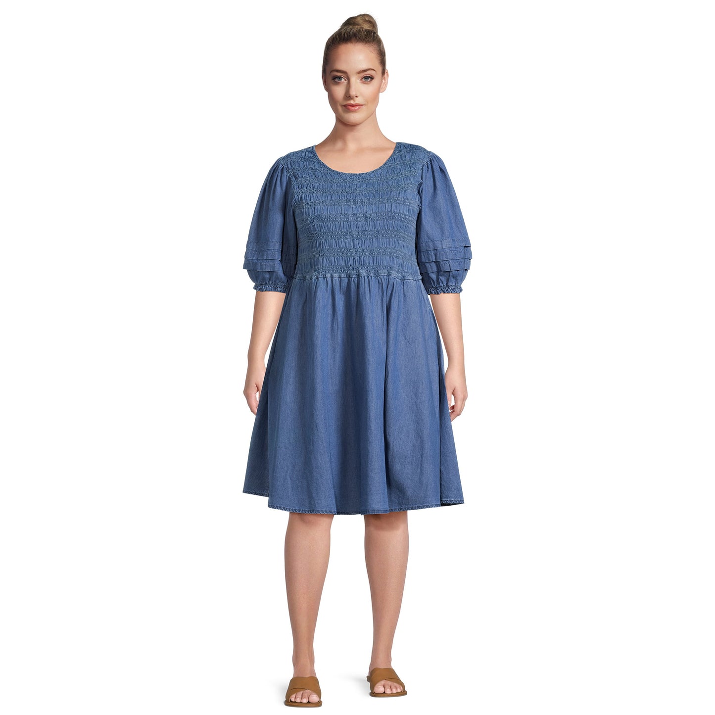 Terra & Sky Women's Plus Smocked Dress with Puff Sleeves