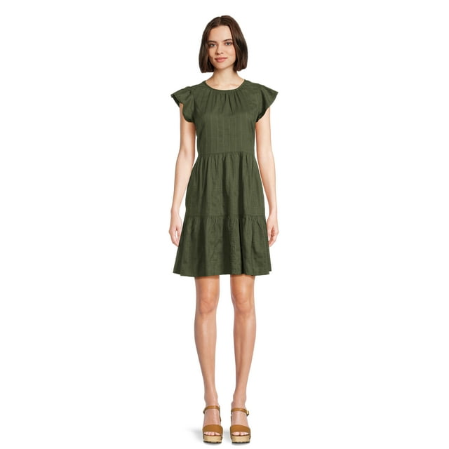 Time and Tru Womens Flutter Sleeve Tiered Dress