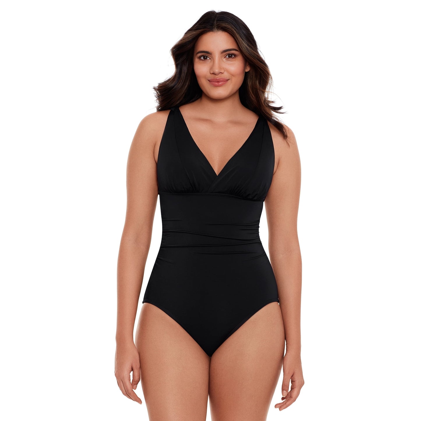 Time and Tru Womens and Womens Plus Size Solid Black Plunge V Neck One Piece Swimsuit