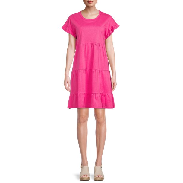 Time and Tru Women's Flutter Sleeve Tiered Dress (Without Pocket)
