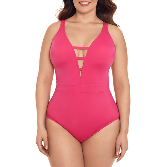 Time and Tru Womens Fuschia Burst With Cut Out One Piece Swimsuit