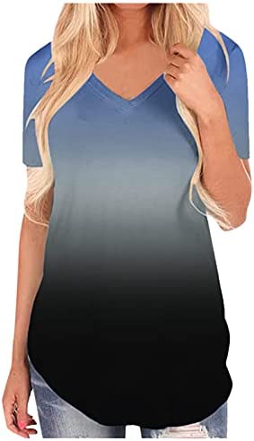 〖Hellobye〗Plus Size Womens Fashion Plus Size Gradient Color V-Neck Short Sleeve T-shirt Tops Blouse