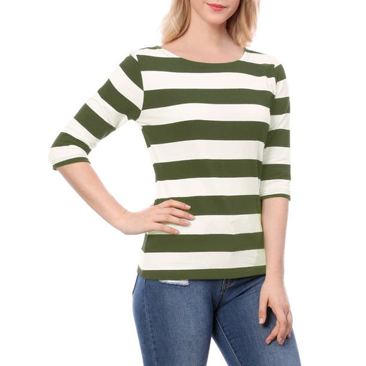 Unique Bargains Womens Boat Neck Elbow Sleeves Stripes Tee Shirt Blouse