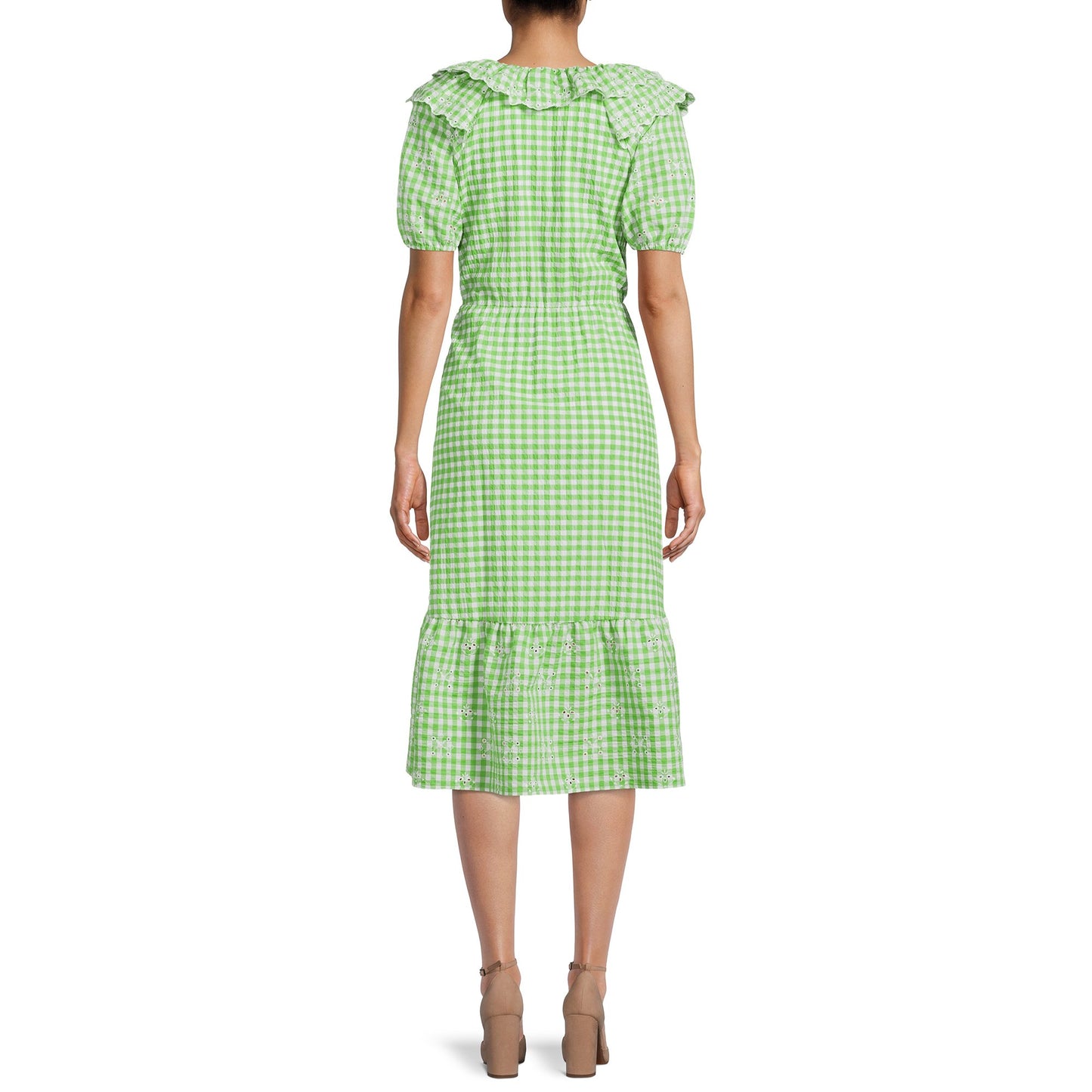The Get Womens Eyelet Ruffle Midi Dress with Short Sleeves