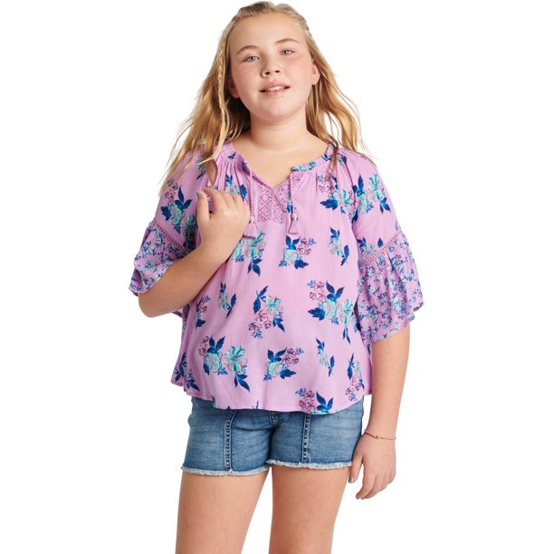 Justice Girls Printed Notch Neck Flowy Peasant Blouse, XXL(16P-18P)
