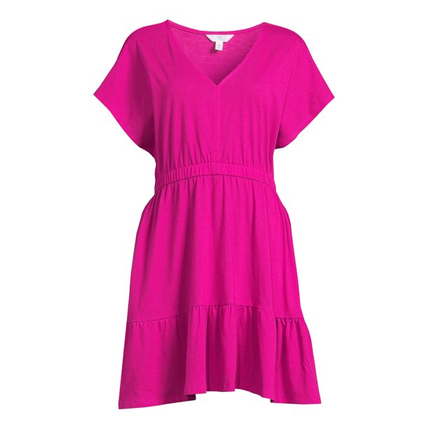Time and Tru Womens V-Neck Tiered Dress with Short Sleeves