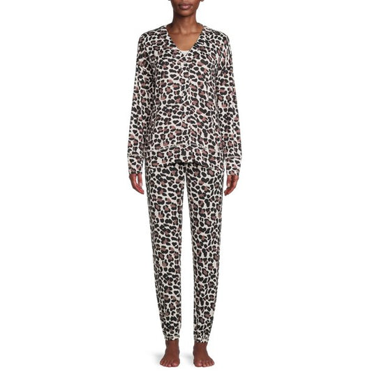Jaclyn Intimates Long Sleeve Scoop Neck & V-Neck Leopard Pajamas (Womens) 3 Piece Set