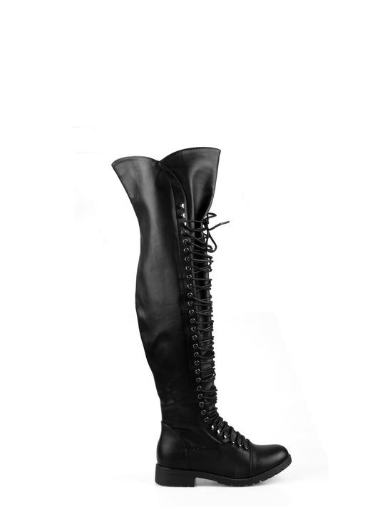 Laced Up Over the Knee Womens Riding Combat Boot in Black