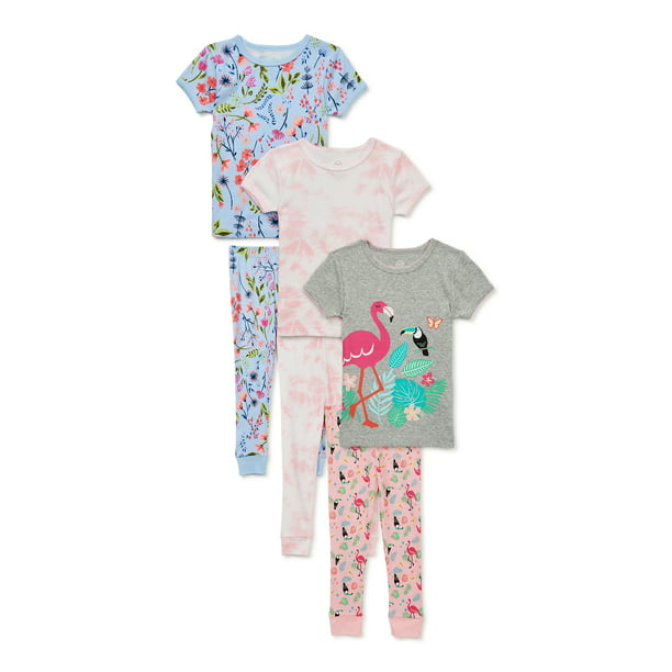Wonder Nation Baby and Toddler Girl T-Shirt and Pant Pajama Set, 6-Piece