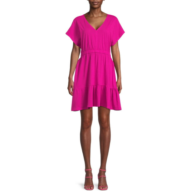 Time and Tru Womens V-Neck Tiered Dress with Short Sleeves