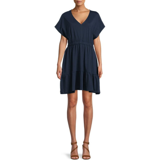 Time and Tru Womens V-Neck Tiered Dress with Short Sleeves