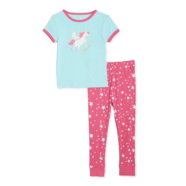 Wonder Nation Baby and Toddler Girl's Short Sleeve Snug-Fit Pajamas 4 Peice